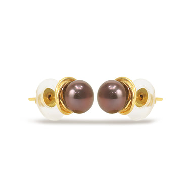 Flower Shaped Single Freshwater Pearl Studs Brown  pearl jewelry-Maya Bazaar