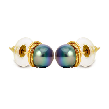 Flower Shaped Single Freshwater Pearl Studs Dark Green pearl jewelry-Maya Bazaar