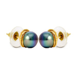 Flower Shaped Single Freshwater Pearl Studs Dark Green pearl jewelry-Maya Bazaar