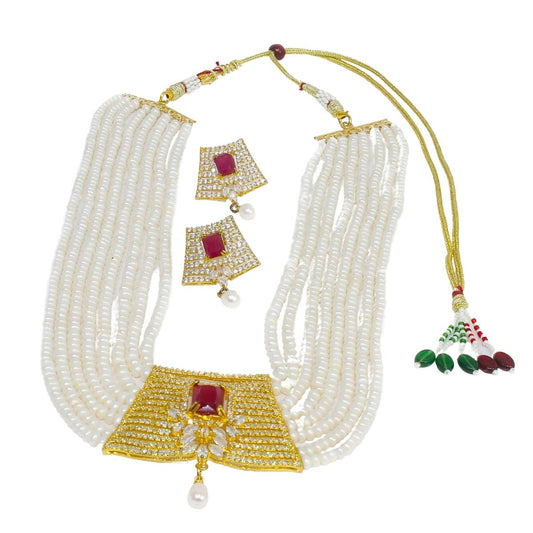 Multi-Lined Freshwater Pearl Designer Bridal Jewelery Set For Women & Girls- Maya Bazaar