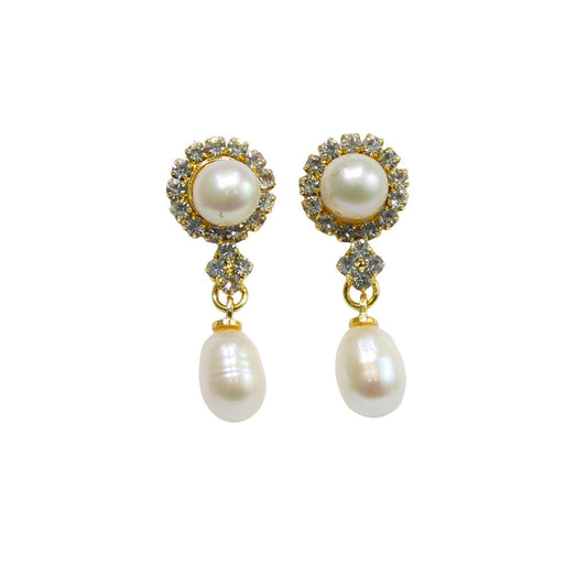 White Zircon Stoned Pearl Earrings
