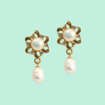 Vintage-Inspired Freshwater Pearl Jewelry Set: Necklace, Floral Earrings, and Ring-Mayabazaar