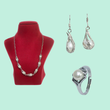 White Freshwater Pearls Jewelry Set of Necklace, Earrings, and Ring - Mayabazaar