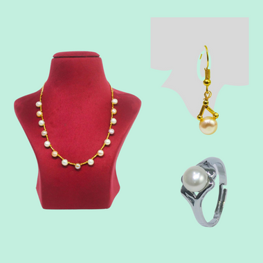 Gold Freshwater Pearl Jewelry Set: Necklace, Earrings, and Ring-Mayabazaar