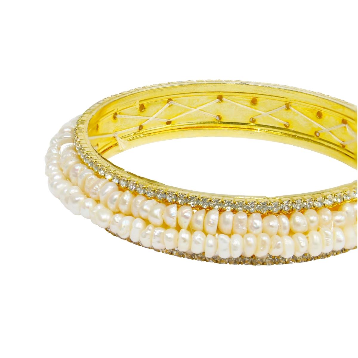 Pearls embossed Gold Plated Bridal Freshwater pearl bangles for women latest design Traditional-Maya Bazaar