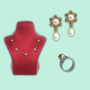 Vintage-Inspired Freshwater Pearl Jewelry Set: Necklace, Floral Earrings, and Ring-Mayabazaar