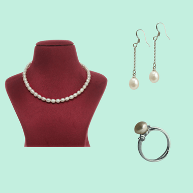 Elegant Freshwater Pearl Jewelry Set: Classic Necklace, Drop Earrings, and Pearl Ring
