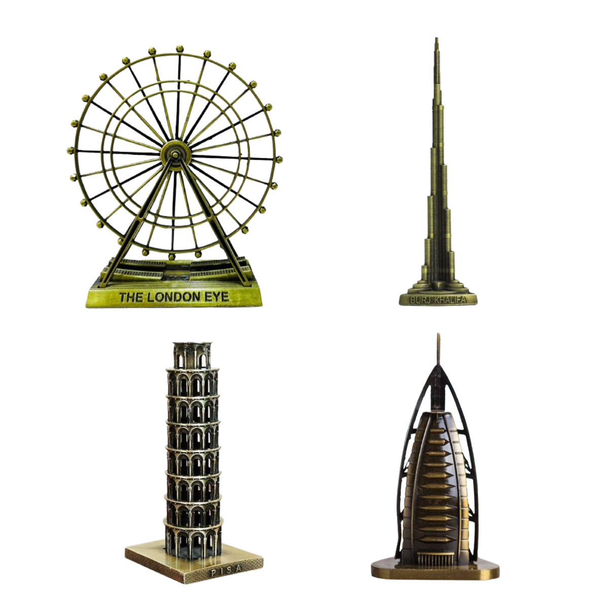 Burj Khalifa, Eiffel Tower, Big Ben Tower Combo Model Replica, Table Decorative Showpiece, Home Office Decor, Antique, Metal - 18CM