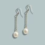 Long silver coated Hanging freshwater pearl earrings foe women and girls-Mayabazaar