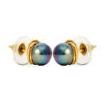 Flower Shaped Single Freshwater Pearl Studs Dark Green pearl jewelry-Maya Bazaar