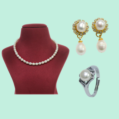 Classic White Freshwater Pearl Jewelry Set: Necklace, Drop Earrings, and Ring -Mayabazaar