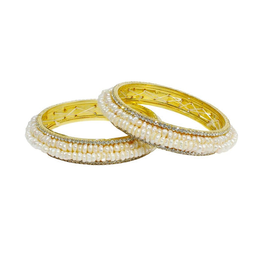 Pearls embossed Gold Plated Bridal Freshwater pearl bangles for women latest design Traditional-Maya Bazaar