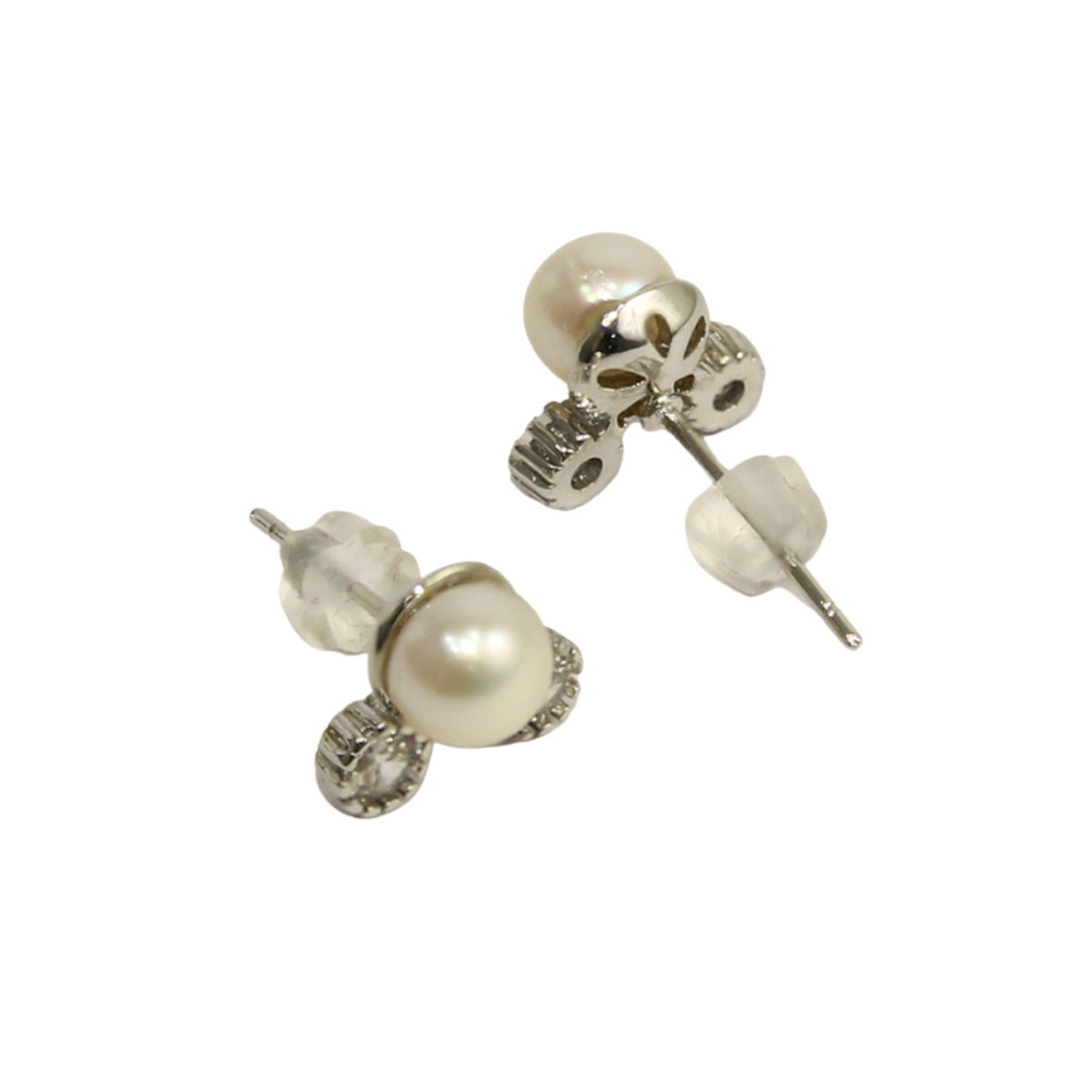 Silver Plated Double Stone Freshwater Pearl Studs for girls & Women-Maya Bazaar