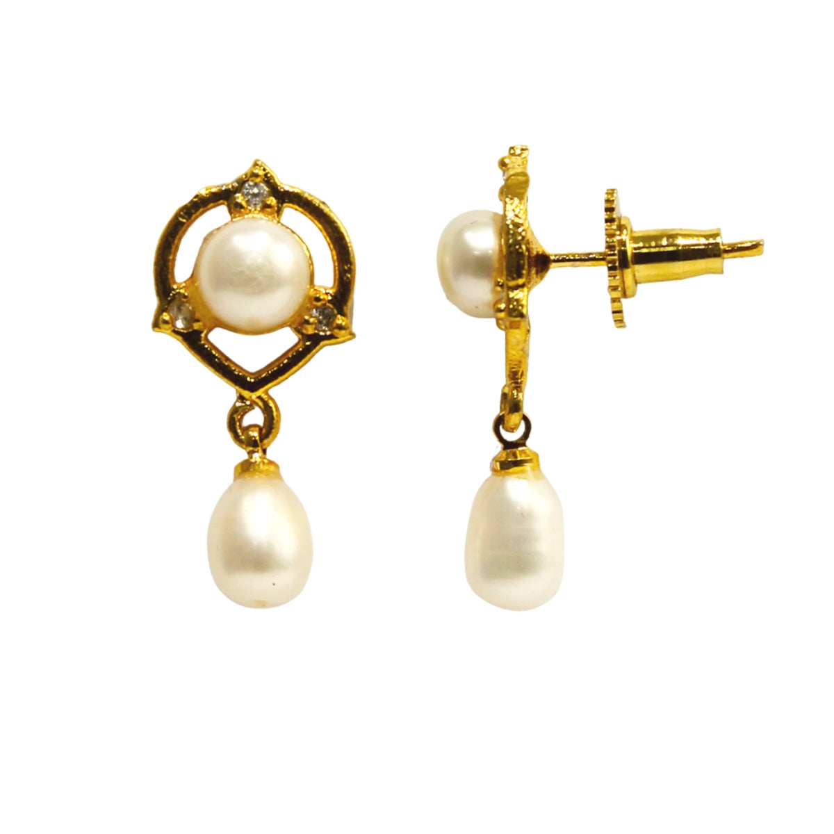 Flower Shaped Gold Plated Double Freshwater Pearl Earrings-Maya Bazaar