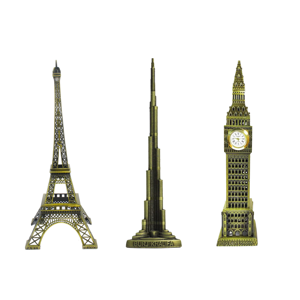 Burj Khalifa, Eiffel Tower, Big Ben Tower Combo Model Replica, Table Decorative Showpiece, Home Office Decor, Antique, Metal - 18CM