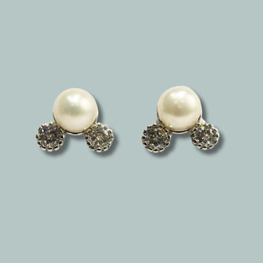 Silver Plated Double Stone Freshwater Pearl Studs for girls & Women-Maya Bazaar