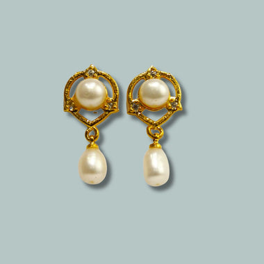 Flower Shaped Gold Plated Double Freshwater Pearl Earrings-Maya Bazaar