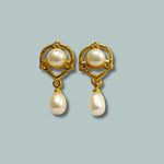 Flower Shaped Gold Plated Double Freshwater Pearl Earrings-Maya Bazaar