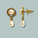 Flower Shaped Gold Plated Double Freshwater Pearl Earrings-Maya Bazaar